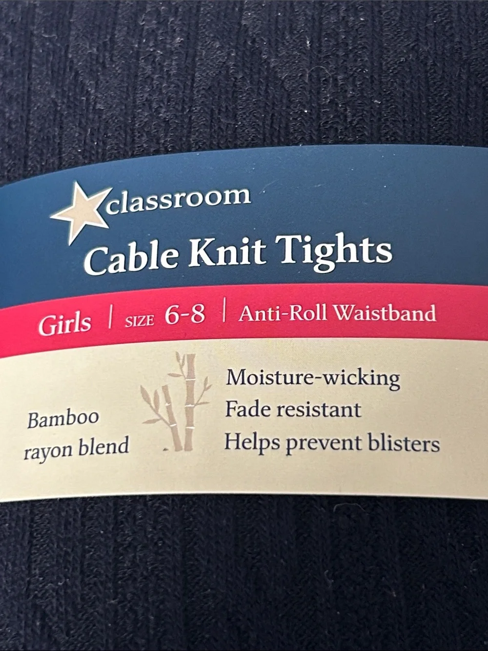 Classroom Girls Dark Navy Cable Knit Tights - Anti-Roll Waistband Sz 6-8